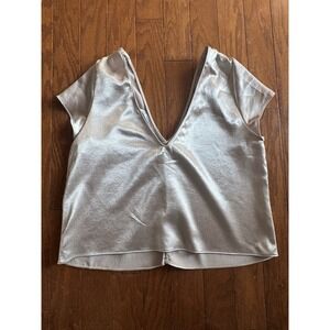 Women's Silver Satin V-Neck Cap Sleeve Top